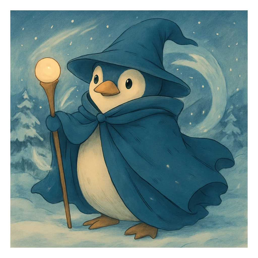 Add a snowy landscape background behind the ghibli style penguin wizard, keep all original colors and style sticker
