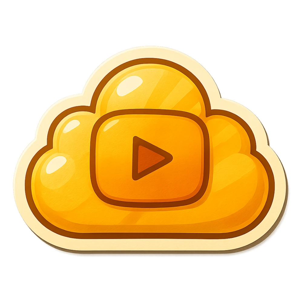 A cloud with a YouTube play button symbol inside it, representing views on YouTube, in a colorful and vibrant emoji style with a yellow color scheme and a sunburst background sticker