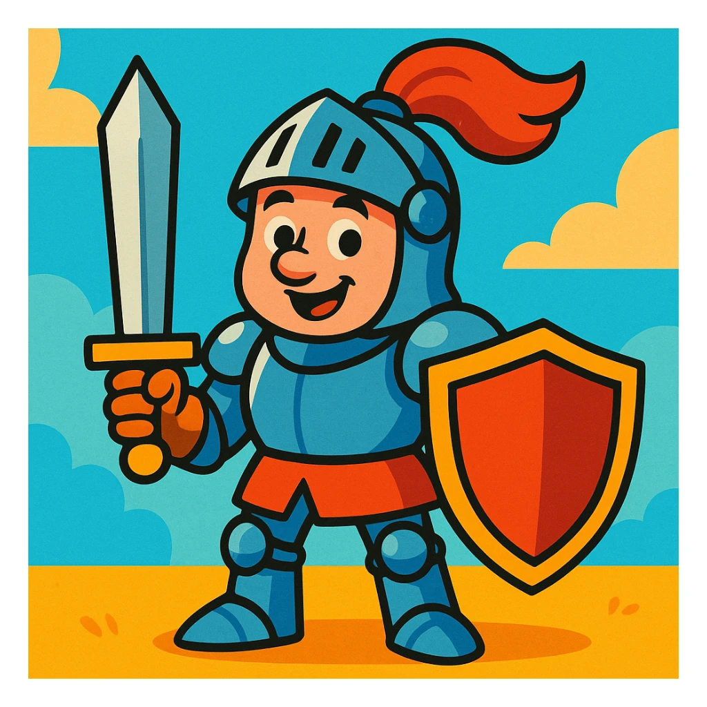 knight in shining armor, cartoon style, bright colors, friendly expression sticker