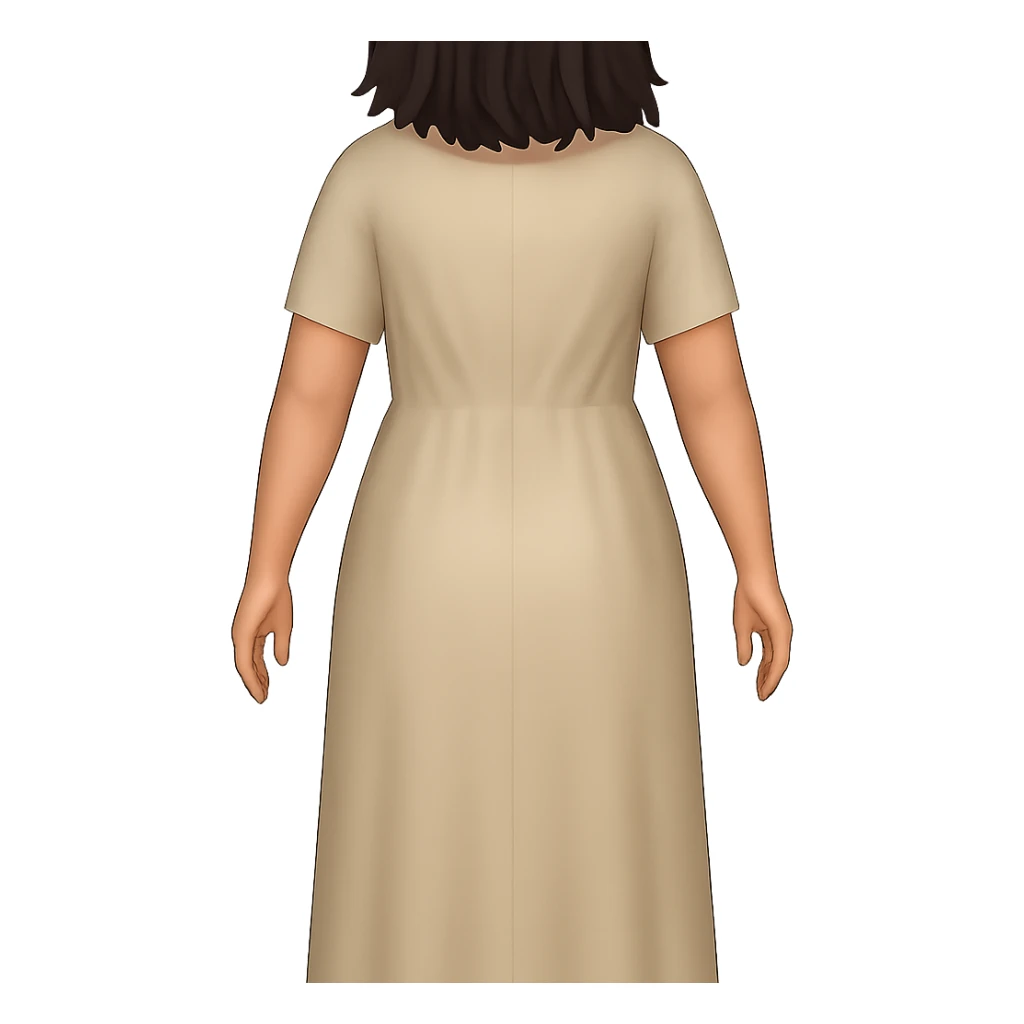 Create a back view, fullbody emoji style character with the same style and proportions as the reference image. The character should wear a plain light tan dress, have dark hair, arms relaxed, and a transparent background. sticker