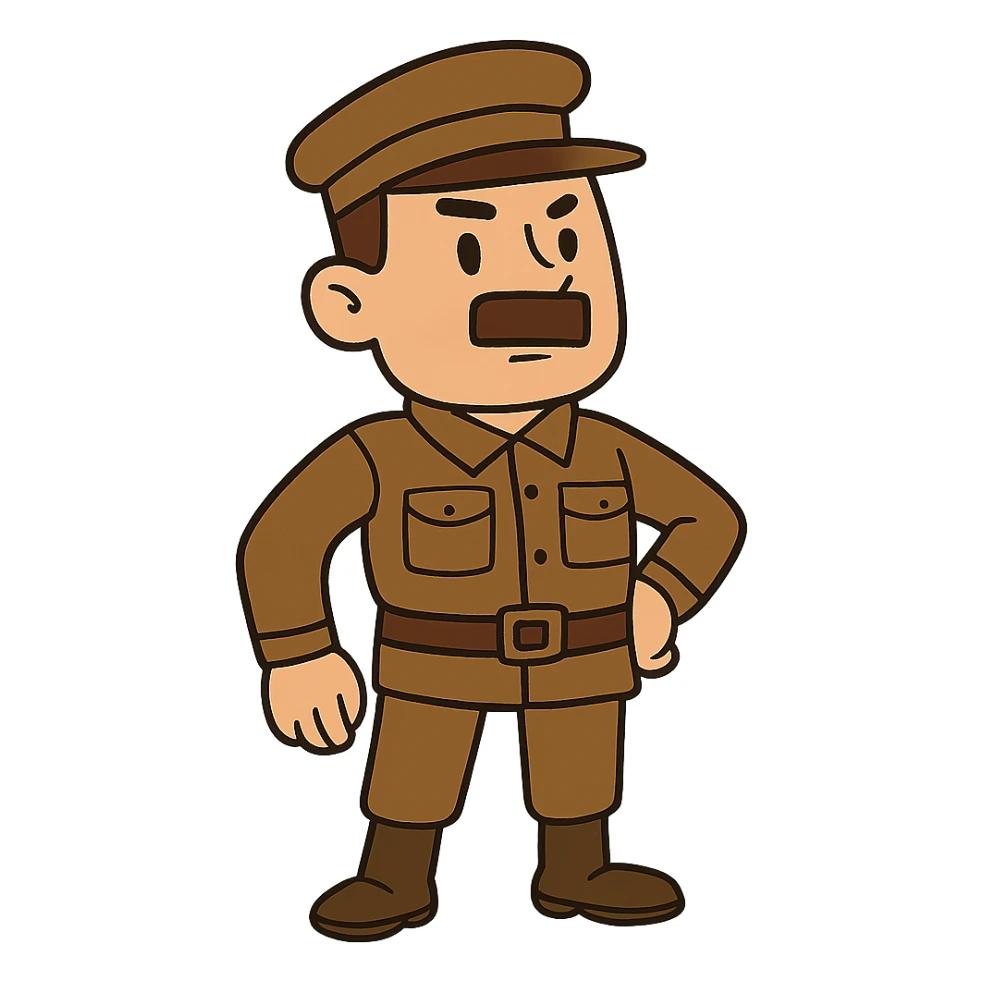 cartoon man in brown army uniform with a square moustache, no background sticker
