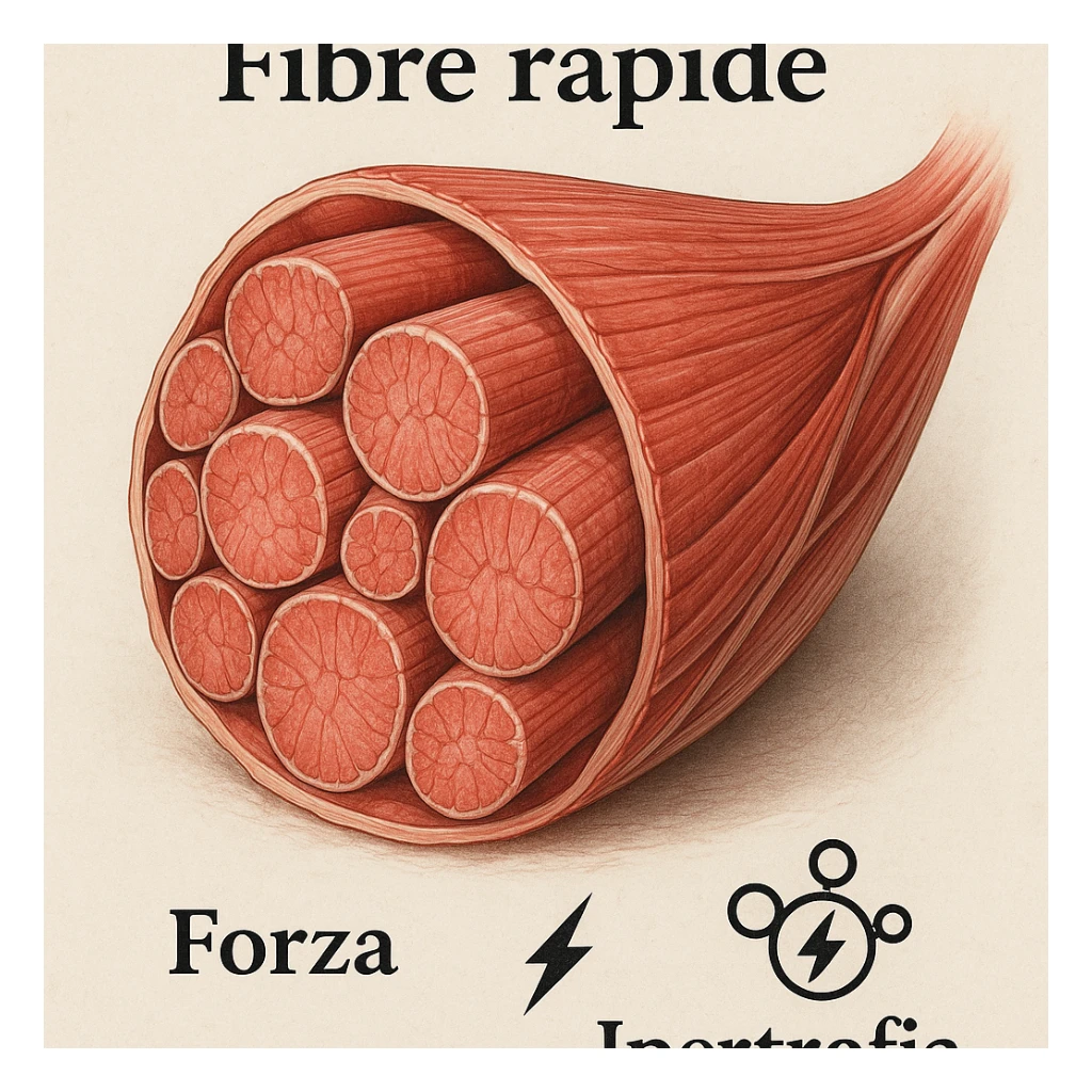 hyper realistic image of muscle section with large thick fast fibers, Italian text 'fibre rapide', 'forza', 'ipertrofia', energy symbols, anatomical details, scientific atmosphere, light background sticker