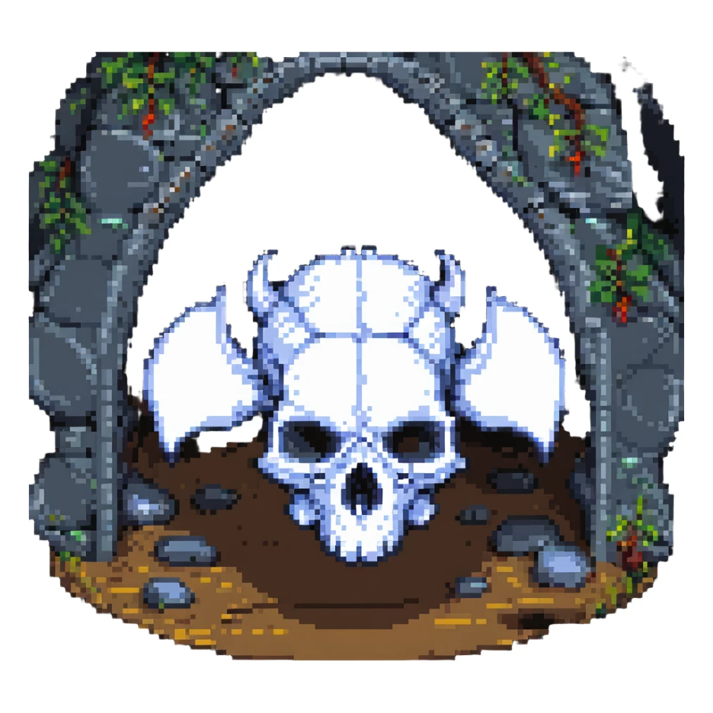 a dragon skull in a cave, pixel art style sticker