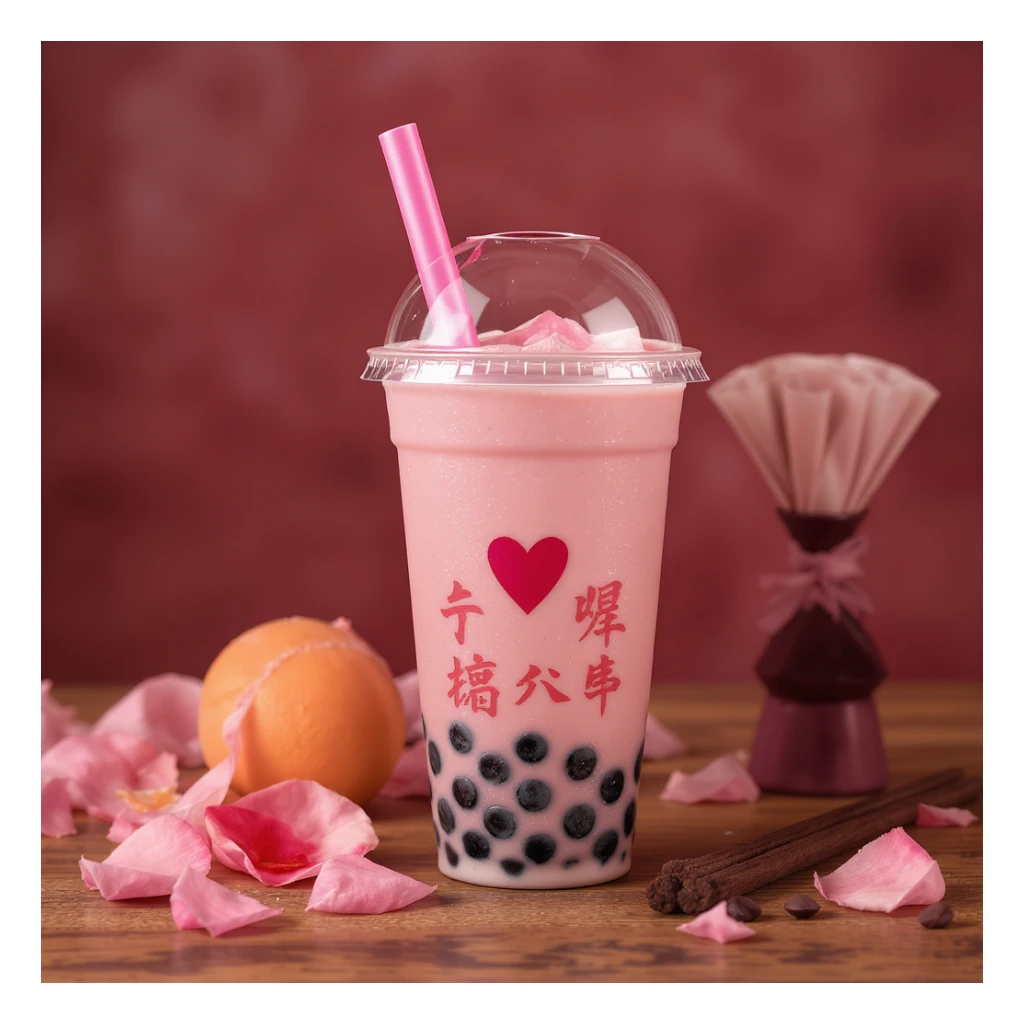 Remove the background from the photorealistic pink bubble tea with a heart accent, keep the image elegant and realistic, ensure transparency. sticker