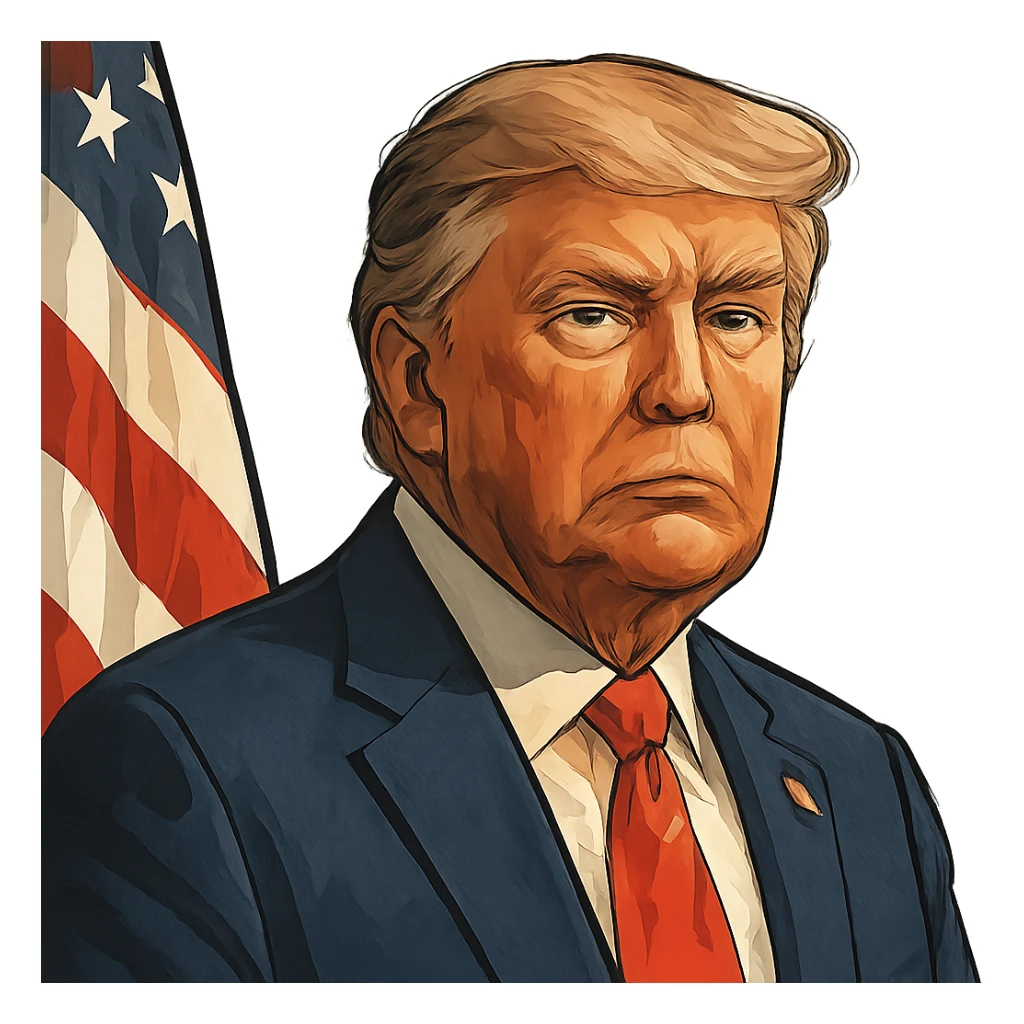 Дональд Трамп в слегка рисованном, но при это объемный стиле, прозрачный фон sticker