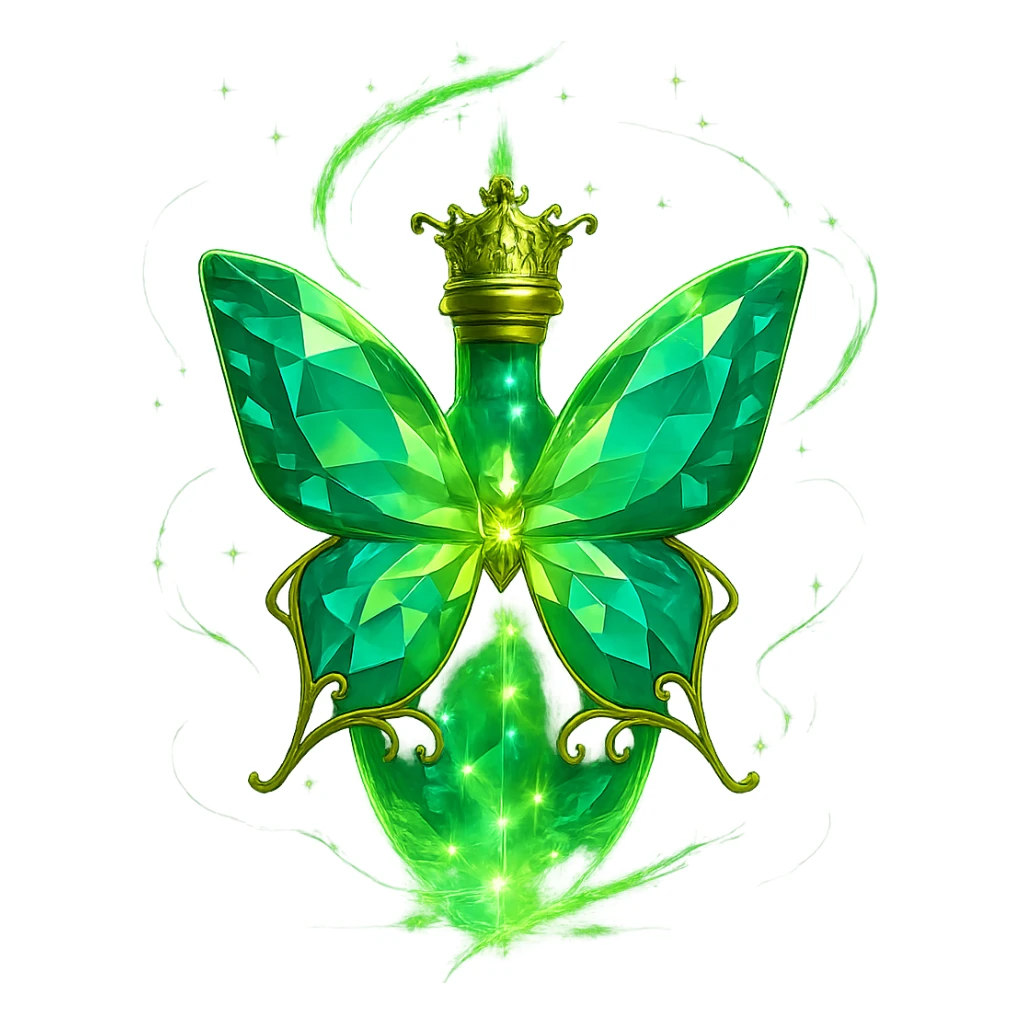 Add maximum magical energy effects around the butterfly, with swirling, floating sparkles and glowing effects, inspired by the most magical elixir bottles. The butterfly must stay exactly the same, only the magical effects around it should be intensified. Transparent background, no shadow or base. sticker