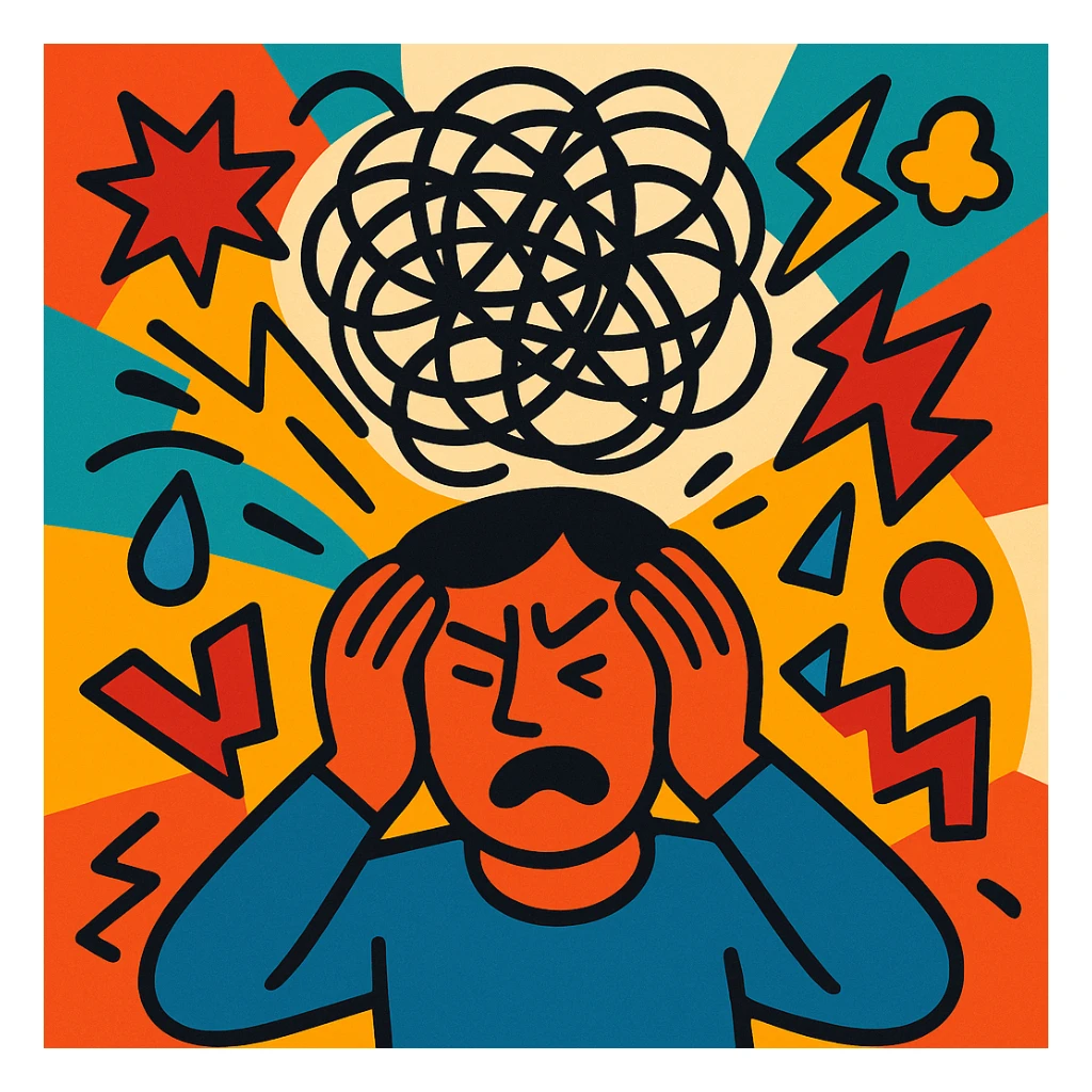 abstract visual of stress with tangled lines and chaotic shapes in vibrant toon style sticker