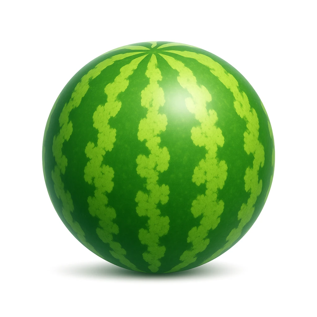 Create a watermelon emoji that looks exactly like the reference image (ignore the crocodile) in the style of iOS emojis. The emoji should have a 3D appearance with shiny, smooth gradients, soft shadows, and a realistic watermelon texture, capturing the classic emoji look. Add a soft shadow under the watermelon. sticker