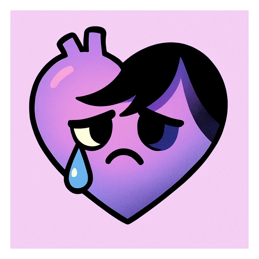 emo heart, black outline, pastel purple and black gradient, teardrop, dramatic shadows, pastel palette sticker