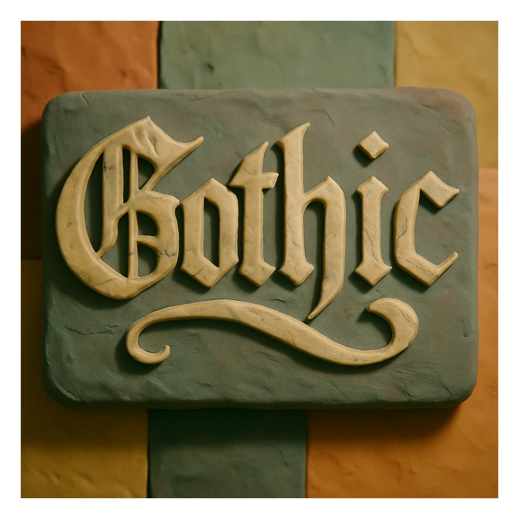 the word 'Gothic' in ornate gothic calligraphy, claymation style sticker