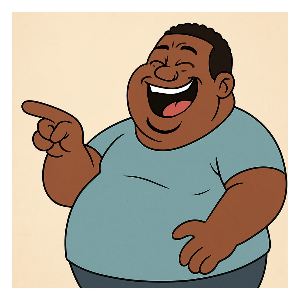 a fat black man pointing and laughing, expressive, friendly, cartoon style sticker