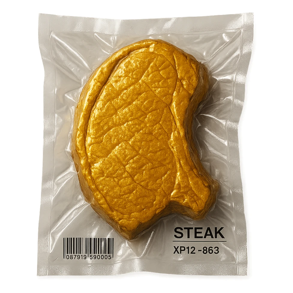 golden steak, glossy and puffy, vacuum-sealed style sticker
