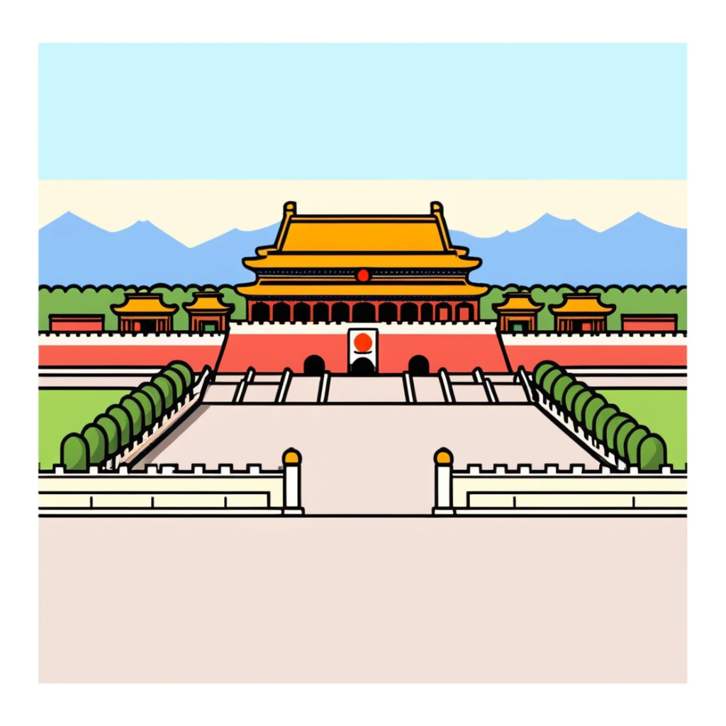 Tiananmen Square, Beijing, Chinese architecture, sunny day, travel illustration sticker