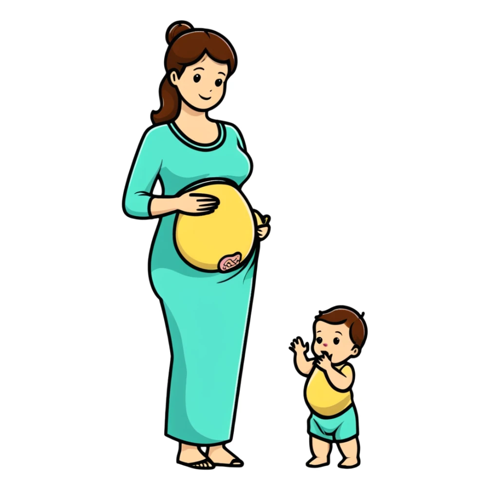 woman with small baby bump, just showing pregnancy sticker