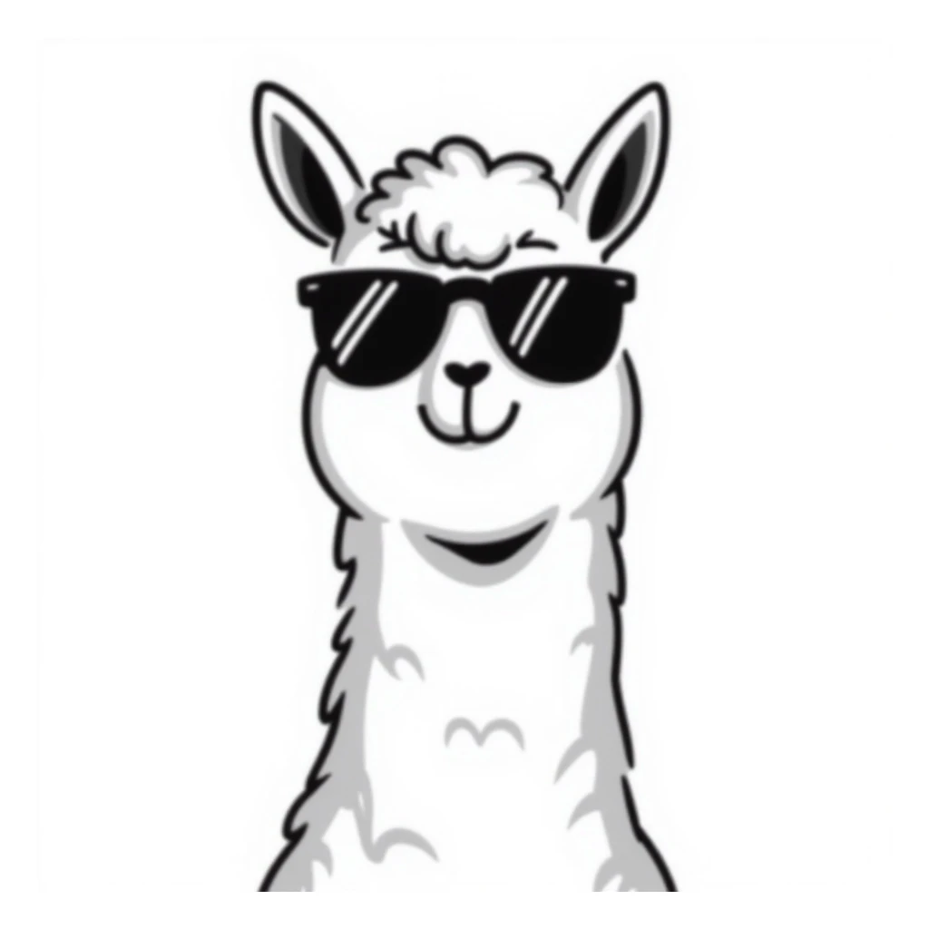 vintage style llama, sunglasses, sassy pose, black outline drawing sticker