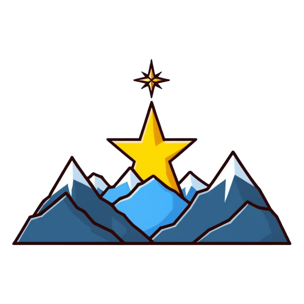 A yellow eight-pointed star with wide points and a simple mountain silhouette in the center of the star sticker