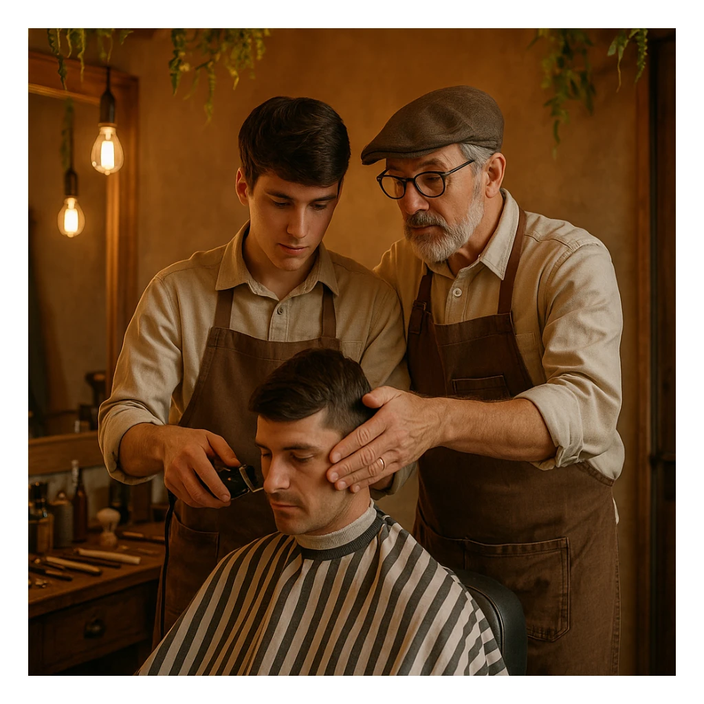Inside a cozy barbershop with soft lighting, an experienced barber gently teaches his apprentice, guiding his hands as they cut hair together. The room is filled with warmth, plants hanging from the ceiling, and the hum of clippers sticker