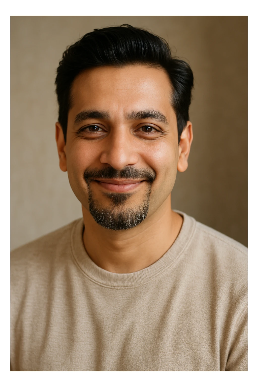 A 40-year-old Indian man with a slick French goatee, fair complexion, and a nice, trusting smile. His look is warm and makes you feel good. sticker