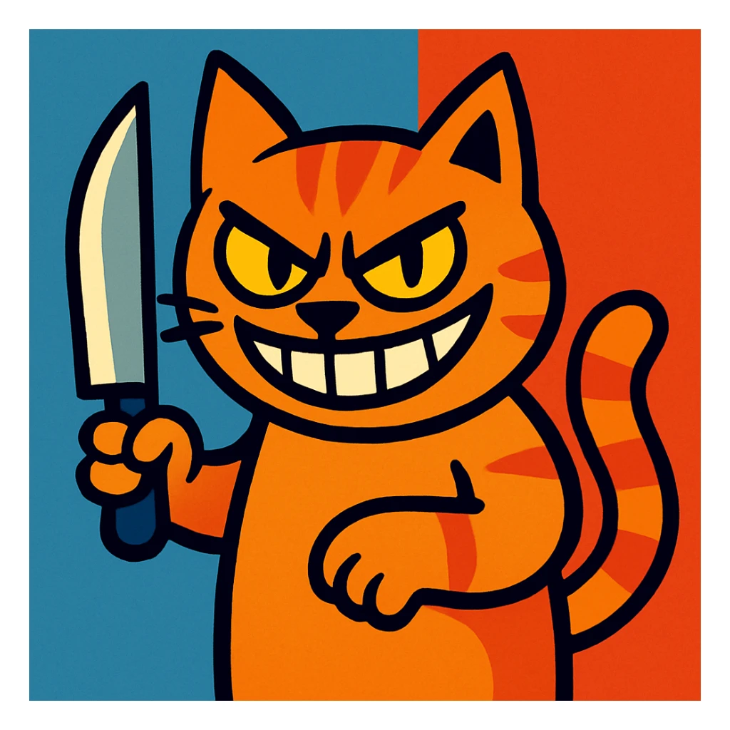 a cat with a sharp knife and a sinister smile, bold and colorful illustration sticker
