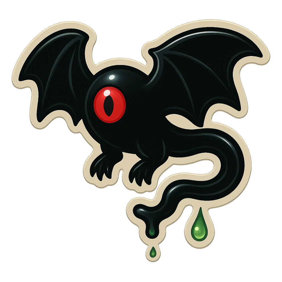an all black reptilian bat-like creature. One cyclopian red eye in its face. no visible mouth or ears. 2 hind legs with claws. has a long tale with a stinger that drips green poison. no ears. no horns sticker