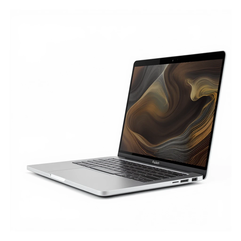 realistic stock photo style white open laptop on white background with soft shadows, side or angled view, no decoration sticker