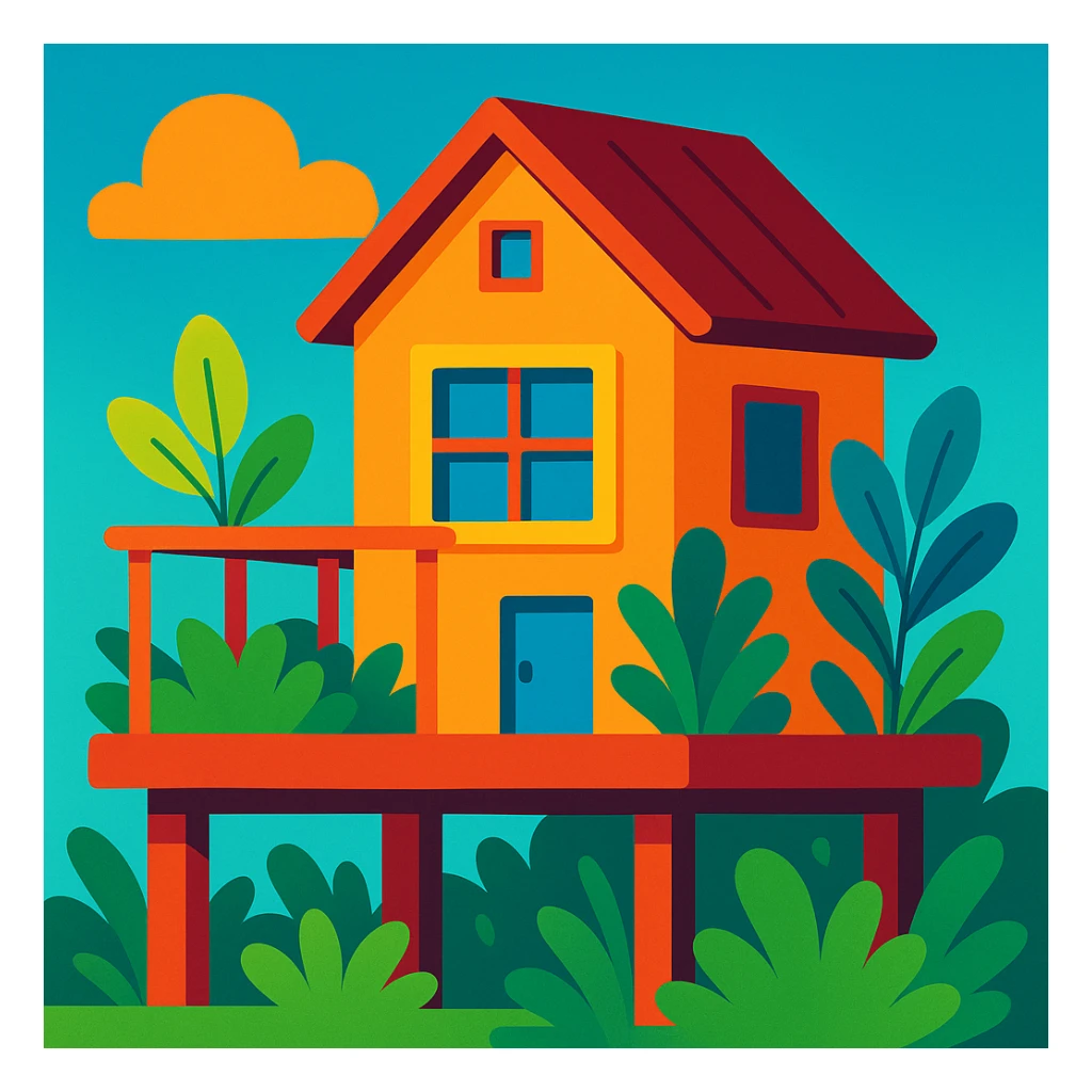 a house with a platform and plants, vibrant cartoon style sticker