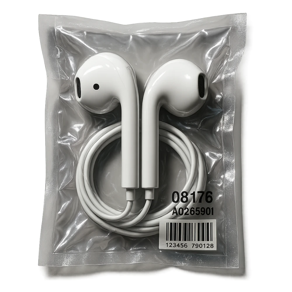 white EarPods headphones, extra glossy, dramatic lighting, no background sticker