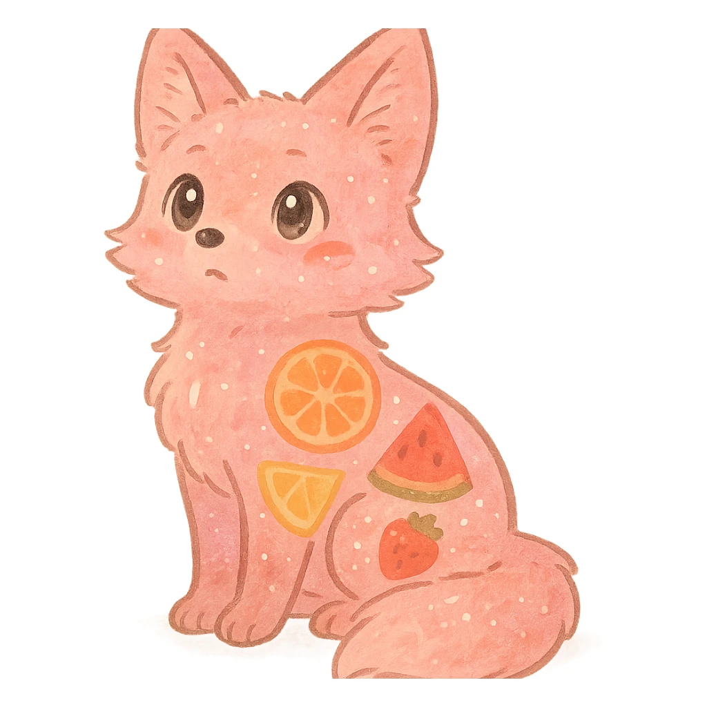 soft fluffy fox with a transparent body and visible fruit pieces inside, sparkling eyes, pastel pink, full-body sticker
