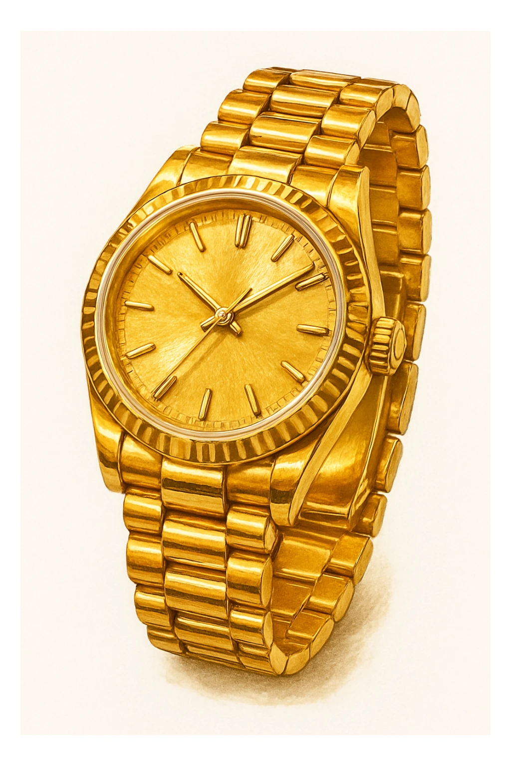 Сгенерируй мне часы ЗОЛОТЫЕ, дорогие, в чуть рисованном стиле. На чисто белом фоне. БЕЗ НАДПИСЕЙ. Но при этом объмная и яркая. Золото не должно быть пластмассовое, оно должно быть блестящие, хорошее sticker