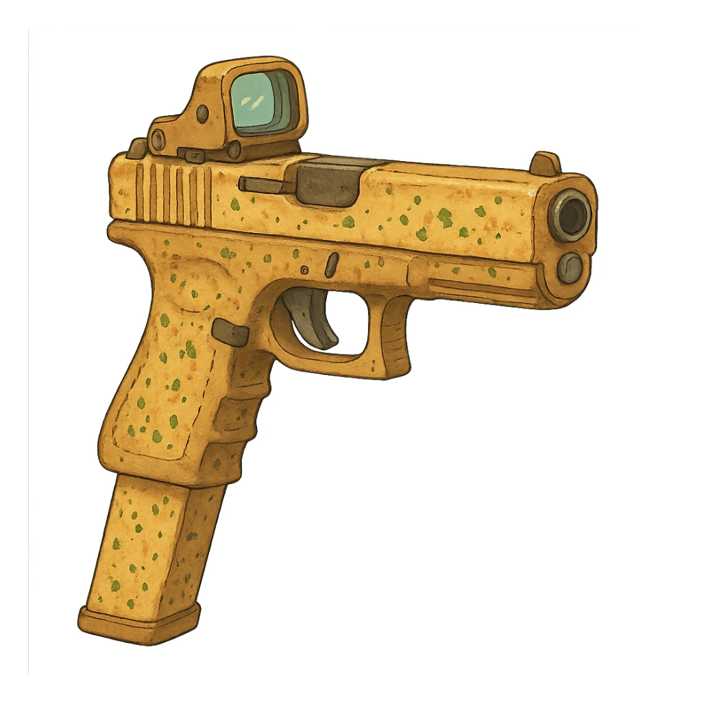 A glock with an extended magazine and holo sight, except it’s garlic bread  sticker