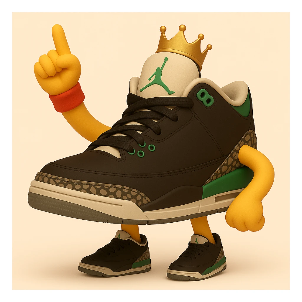 Create a sneaker character in 3D emoji style, standing with one arm raised and finger pointing up, inspired by the pose in the reference images. Keep arms and legs, no face, and maintain the same sneaker style as the previous images. The style should resemble 3D emoji style but use the general editor for best editing support. sticker