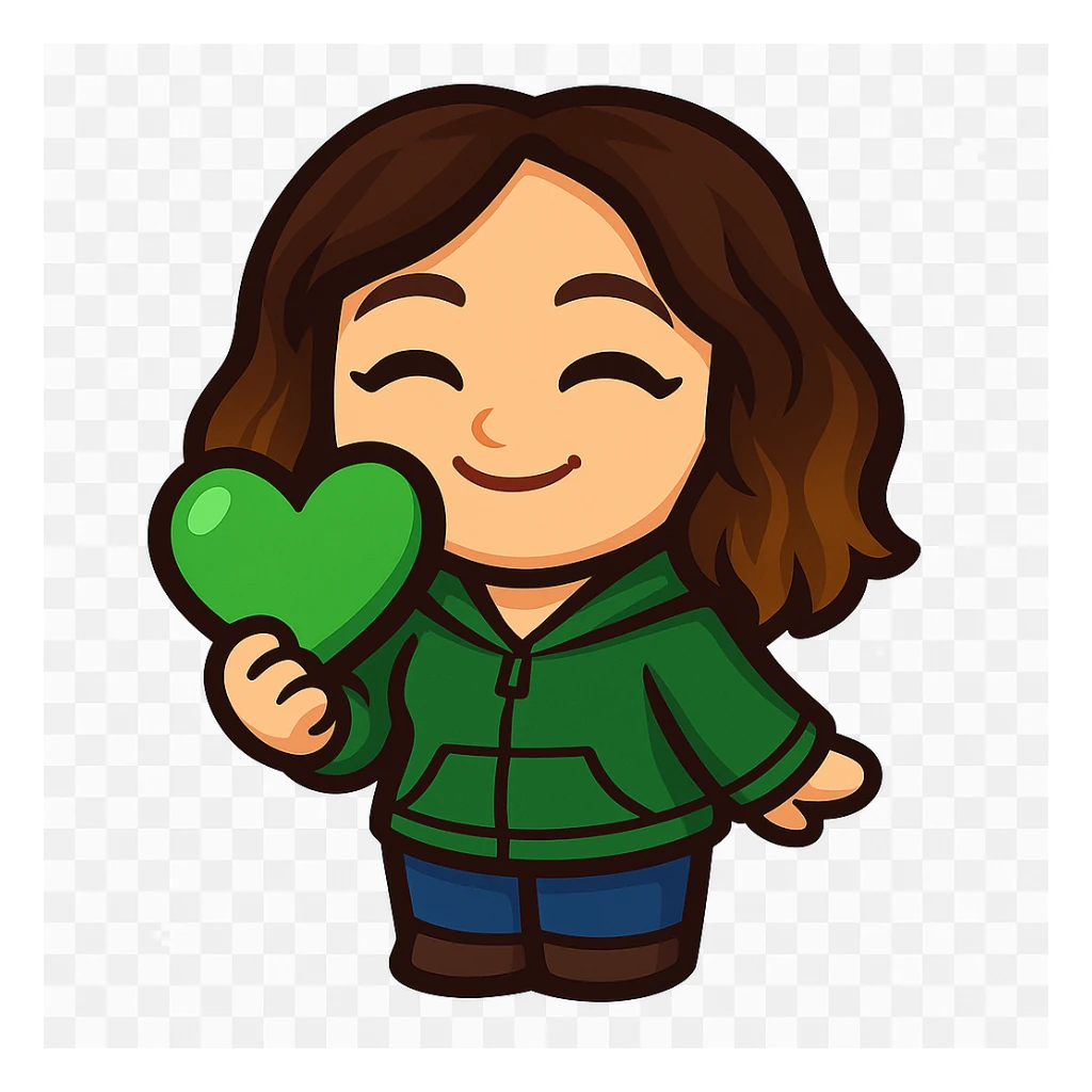 Sticker style chibi emote, matching the attached green heart emote as a base. Woman from reference, green hoodie and blue jeans, holding a green love heart, cute happy face, no headband, no wand, transparent background. Top color should not match jeans. sticker