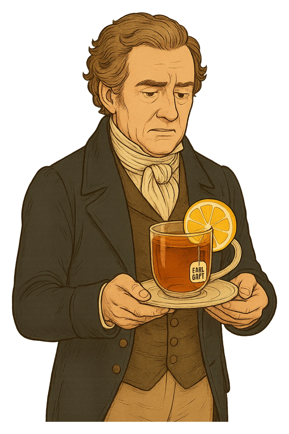 Используя такую стилистику сгенерируй Графа Уильяма Грея, который задумчиво держит в руках тарелку с чашкой черного чая Эрл Грей и лимоном внутри, прозрачный фон sticker