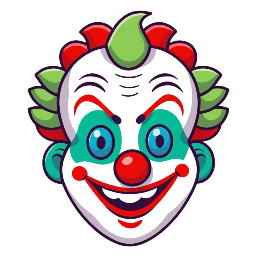 clown with green dreadlocks blue diamond shape eyes, red nose, and big red smile sticker