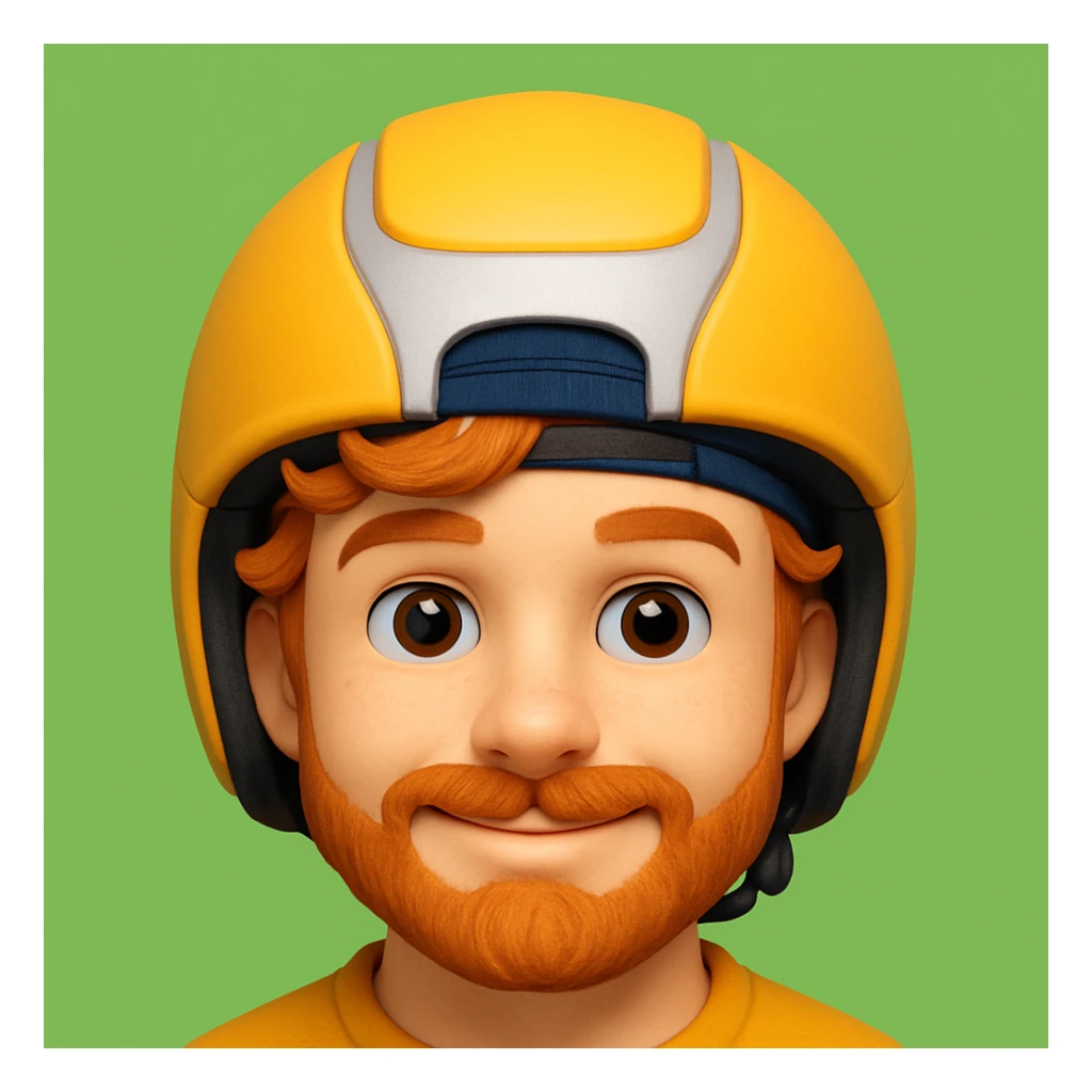 A boy with a backward cap, curly orange hair, and a goatee, wearing a helmet, in the style of a 3D emoji sticker