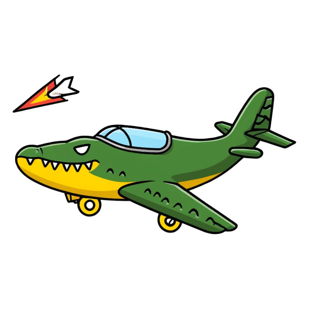 military airplane with a crocodile head throwing bombs sticker