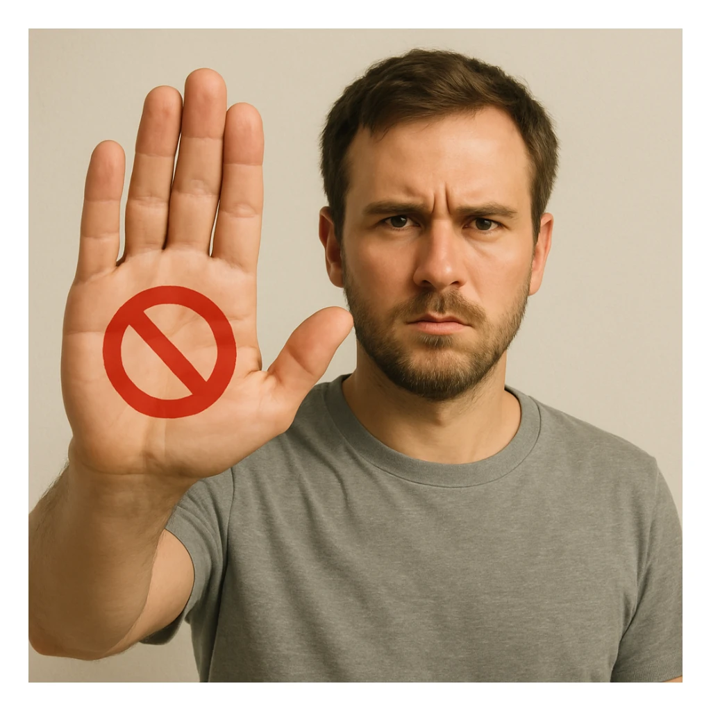 A white man showing a prohibition sign sticker