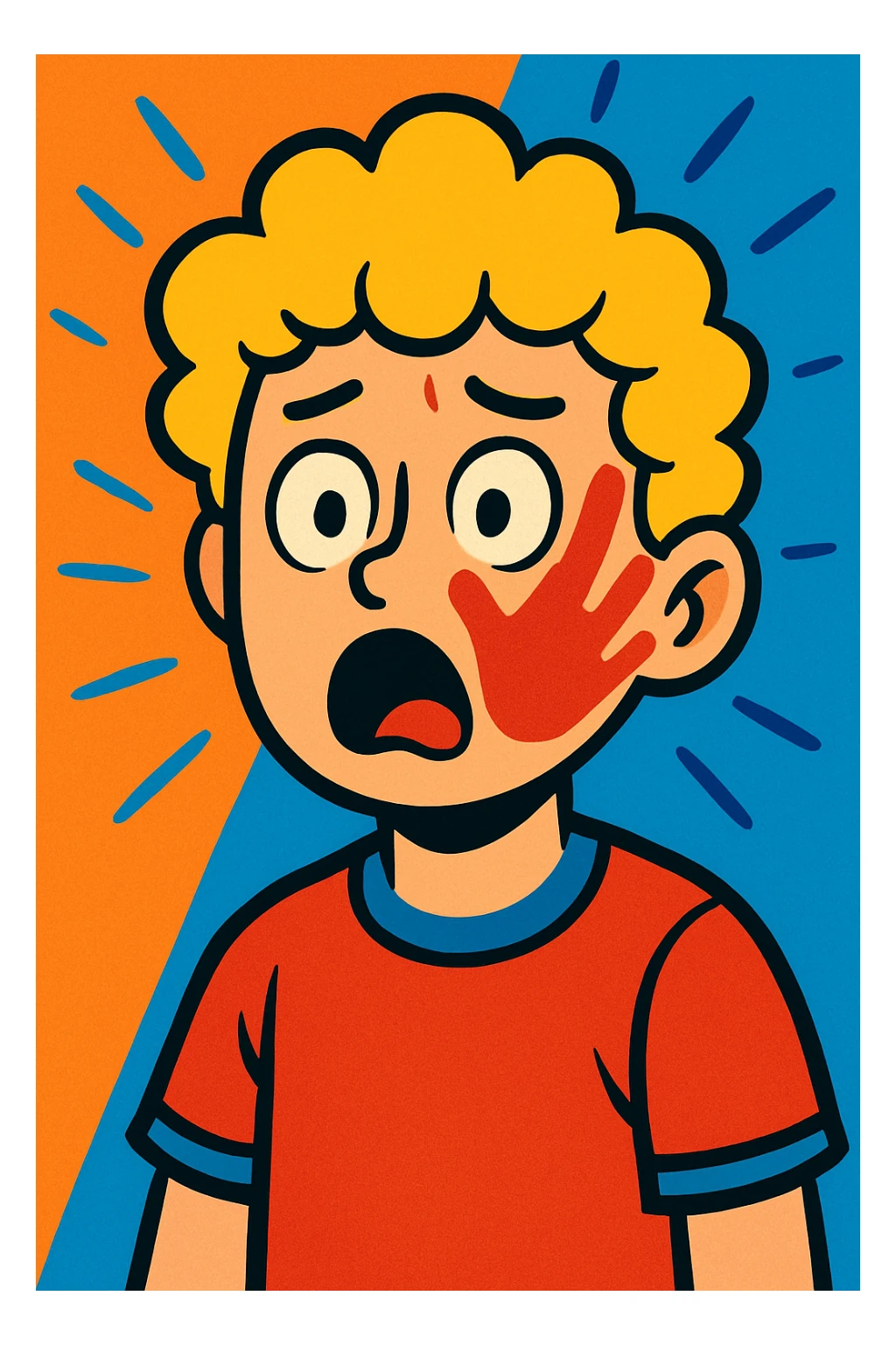 a blond white boy with curls, shocked expression, slap mark on face, vibrant toon style sticker