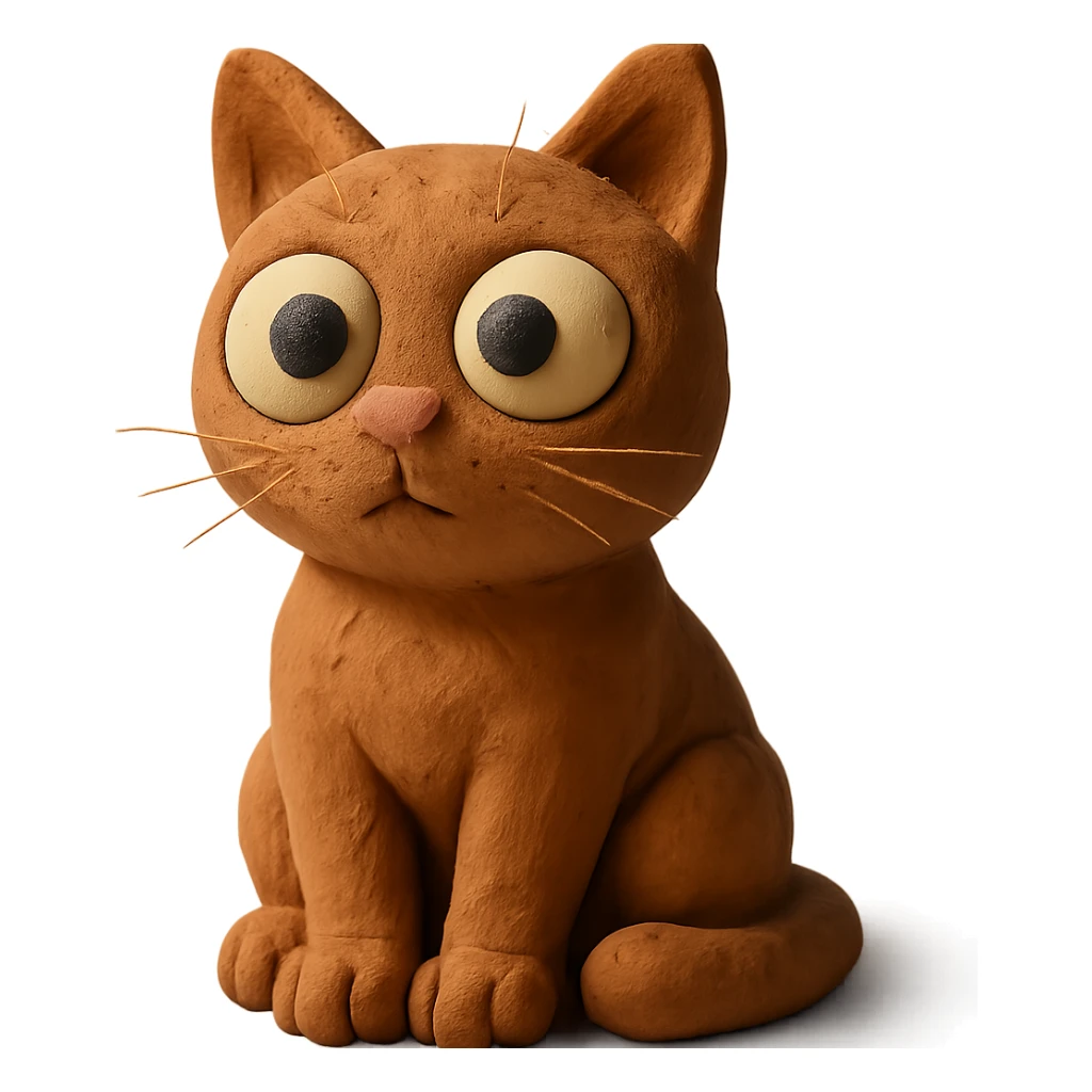 cat sitting with big eyes and soft lighting in claymation style sticker