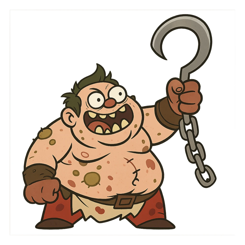 Pudge as a funny, exaggerated cartoon character, with a comical expression and oversized hook sticker
