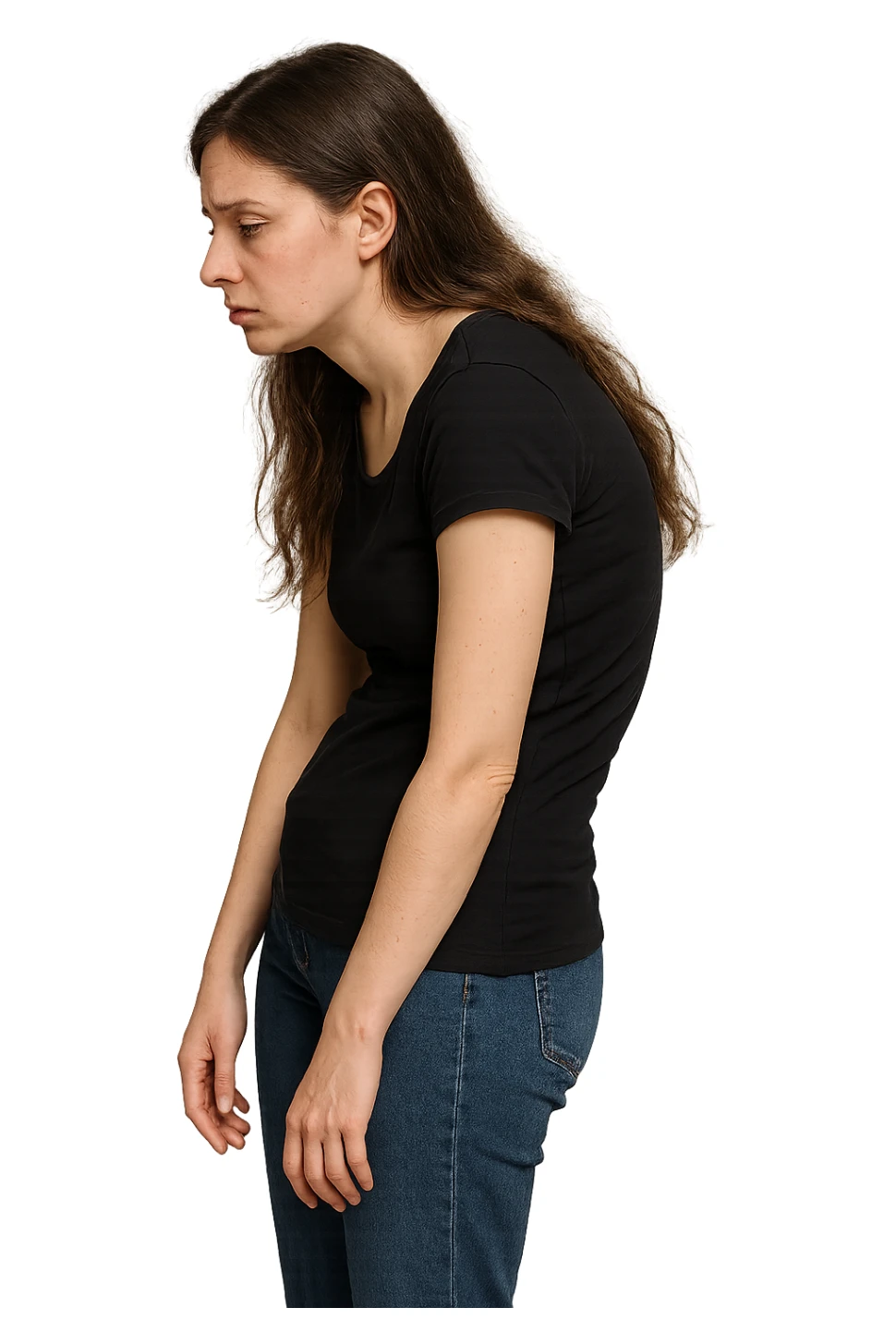 fai immagine identica ma di una donna con capelli lunghi, iperrealistico 4k, postura storta con spina dorsale storta sticker