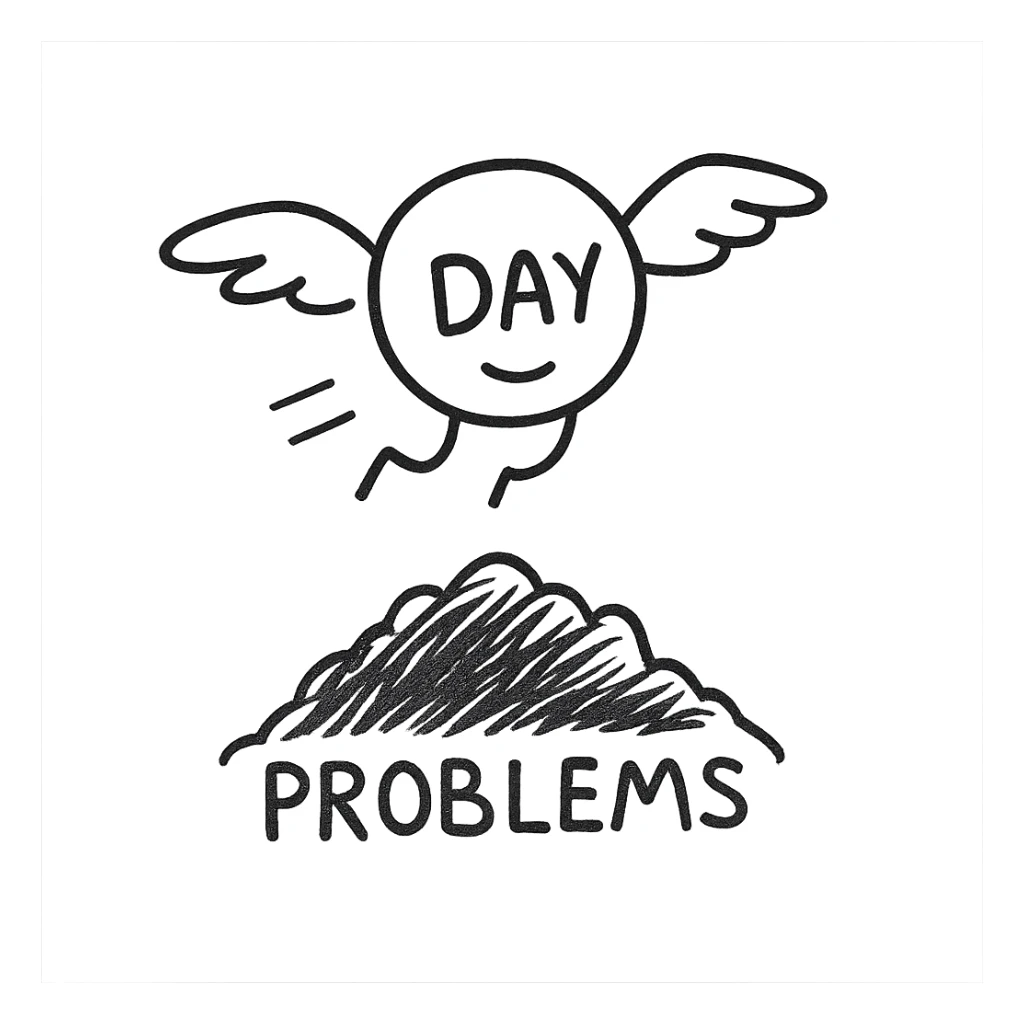 A surreal image of a day flying away from everyday problems. The day is depicted as a hand-drawn character with wings, flying away from a pile of problems. sticker