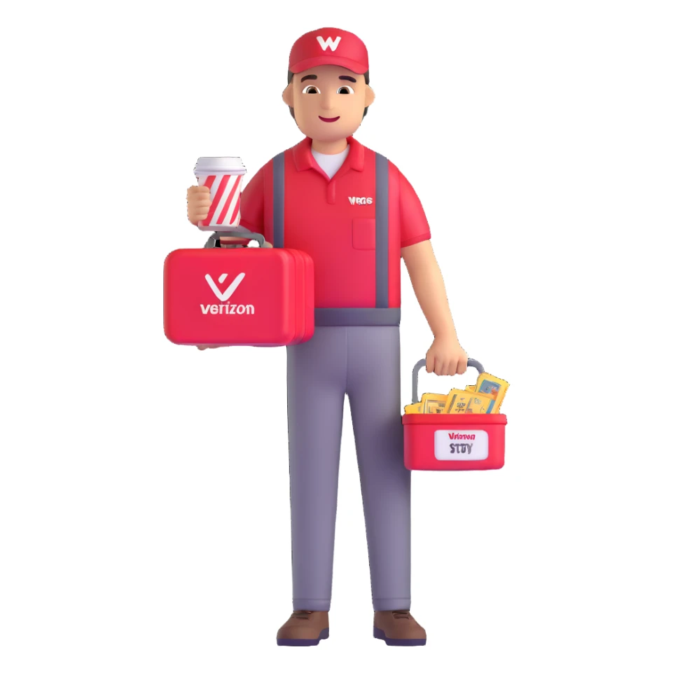 Verizon worker with a stack of perks: lunch box, movie tickets, and a mug sticker