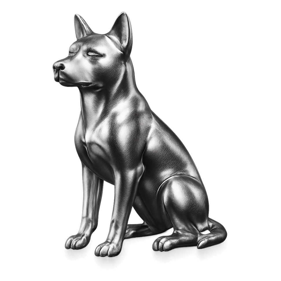               Apply a high-end, photorealistic metallic chrome material to the provided {subject}. The material should have a smooth, slightly curved surface with subtle reflections and soft shadows, resembling brushed or polished silver metal. Preserve the exact shape, proportions, and design of the original object. Set it against a solid black background (#000000) in 8K resolution. The lighting should enhance the beveled edges and reflective highlights, creating a sleek, premium finish. {subject} = dog sticker