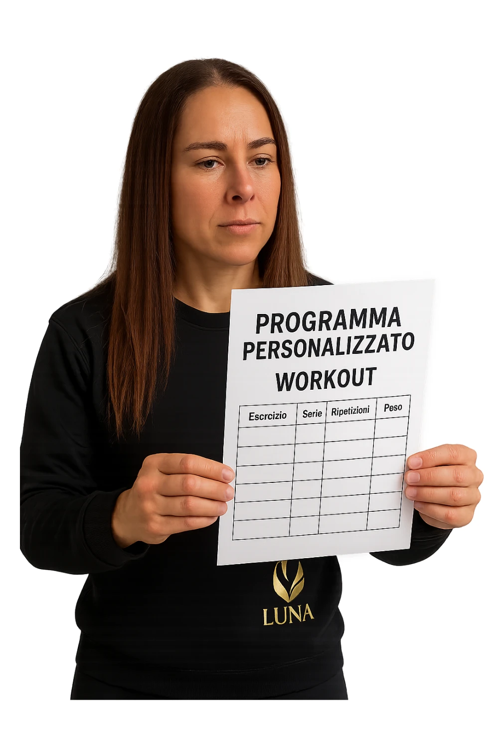 Donna con in mano Scheda di allenamento di palestra con scritto "Programma Personalizzato" sticker
