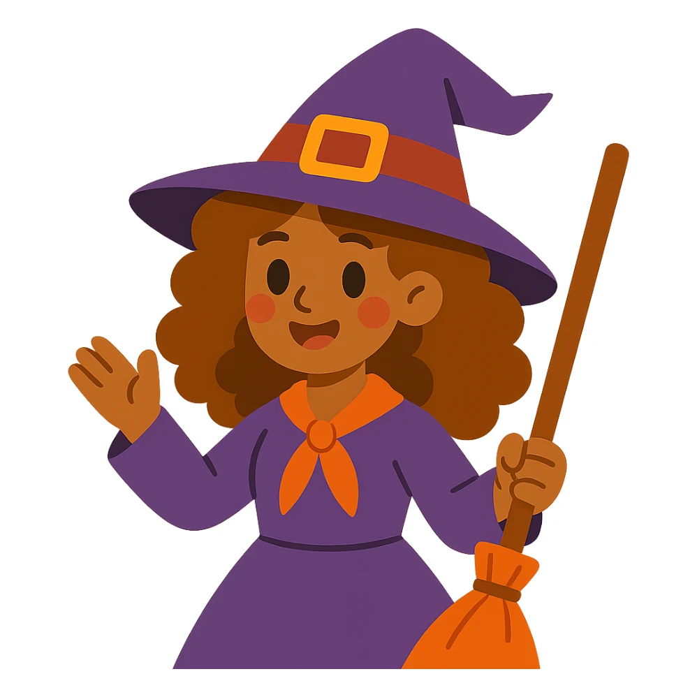 vibrant toon style witch with caramel brown curly hair sticker