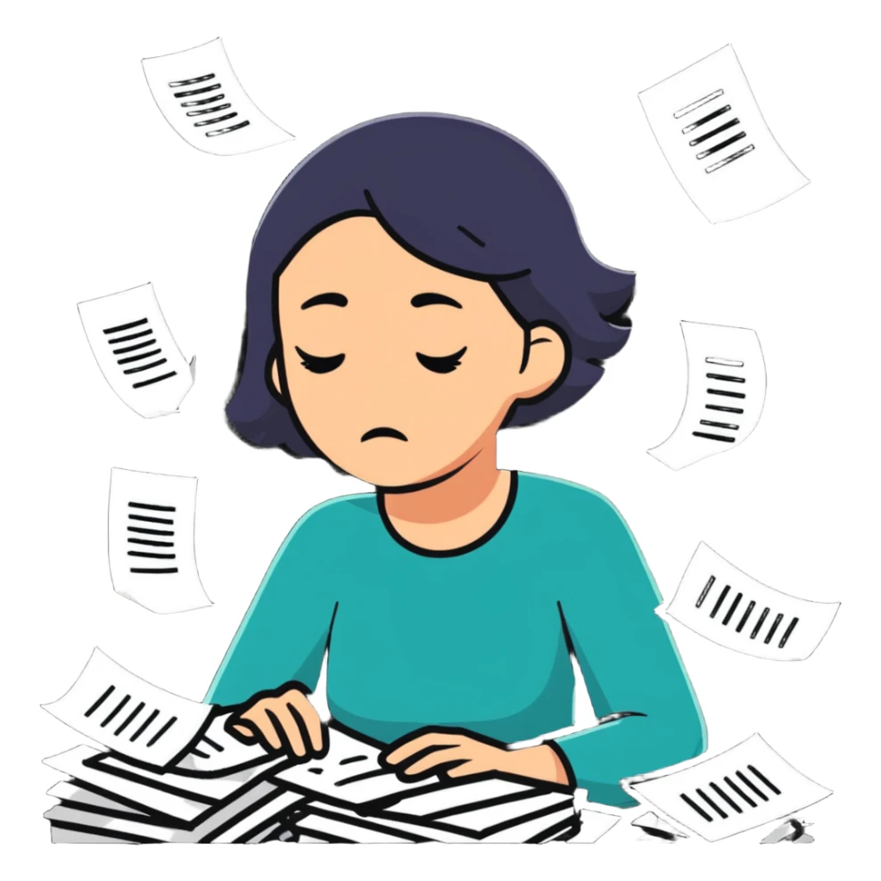 sad woman with flying papers around her sticker