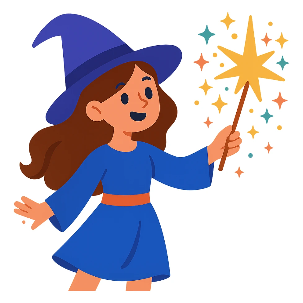 brunette girl witch, casting a spell, sparkles and stars around her, whimsical style sticker