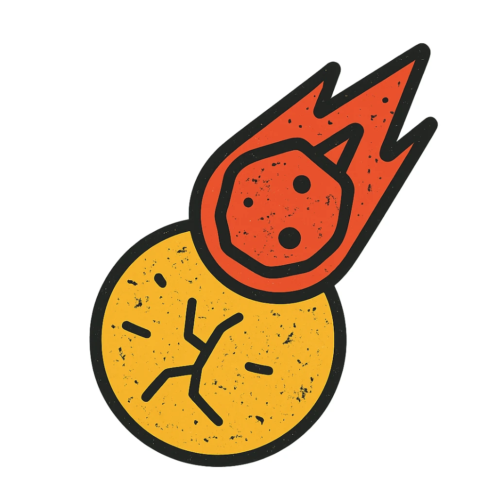 minimalist icon of a meteor falling into and destroying a planet, worn distressed effect sticker