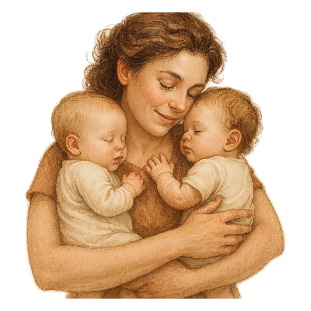 A detailed and expressive illustration of a mother hugging two babies, one on each arm. The mother has natural proportions, detailed faces and hair, soft lines, warm color palette, soft shadows and highlights, atmosphere of care and tenderness, realistic and warm style. sticker